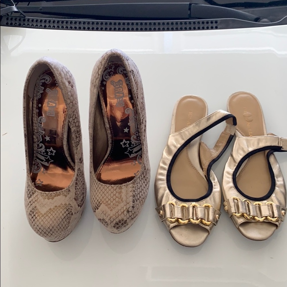 Brash gold high heels and gold flat sandals